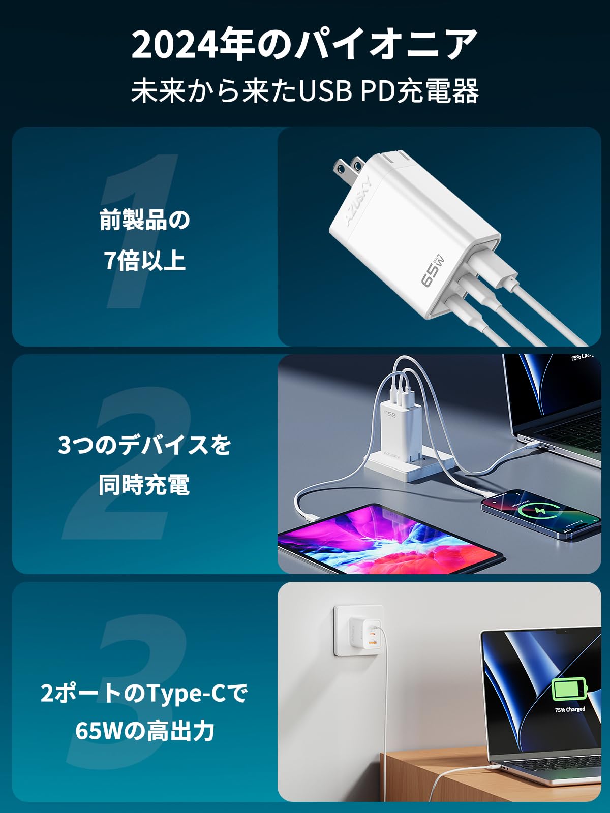 PD USB充電器 65W GaN Type C 急速充電器 3ポート